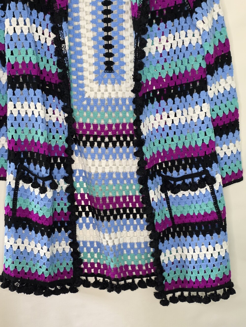 Free the Roses Crochet Hooded Cardigan Open Front Pom-pom Trim Pockets Spring - Picture 5 of 14